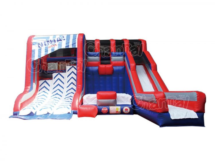 inflatable warped wall with slide and jump