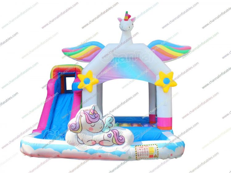 white unicorn inflatable combo with pool