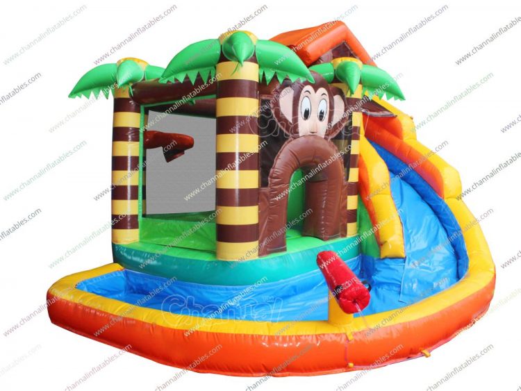 monkey themed inflatable bouncer water slide with pool