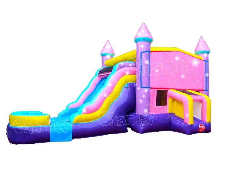 pink inflatable water bounce house combo with slide