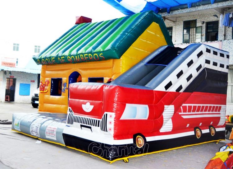 inflatable firehouse with fire engine slide