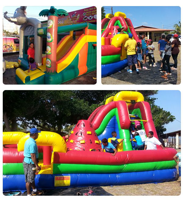 panama kids're playing inflatable obstacle course