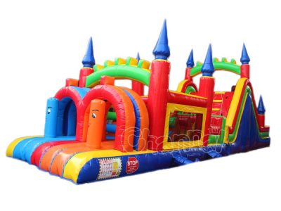colorful castle inflatable obstacle course