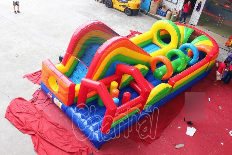coloful rainbow inflatable obstacle course