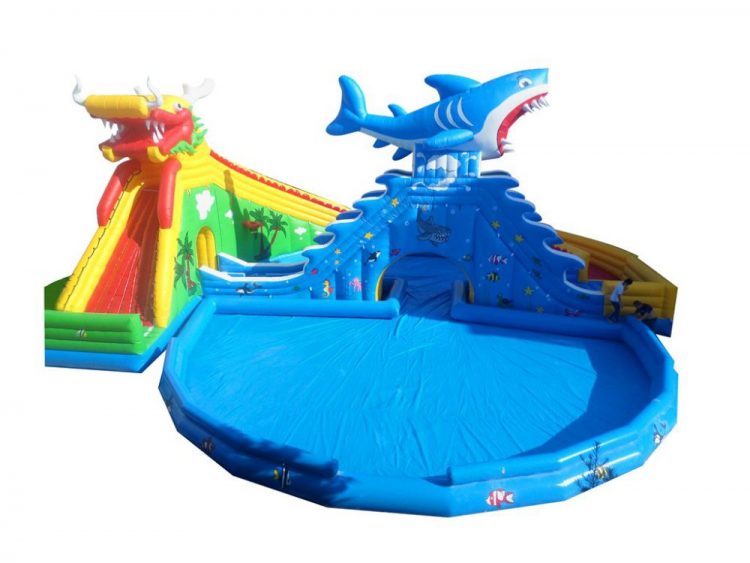 chinese dragon and shark big inflatable pool with slide