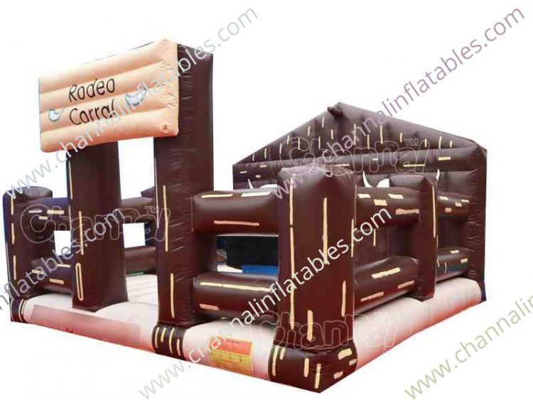 inflatable rodeo bull arena with bull riding machine and bounce house