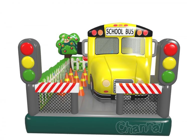 inflatable school bus moonwalk with obstacles