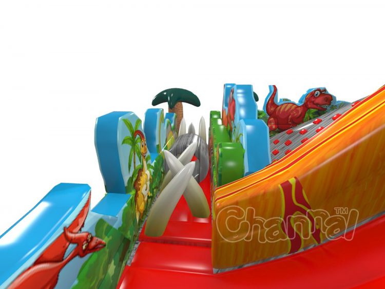 jurassic volcano inflatable obstacle course with dinosaur tooth