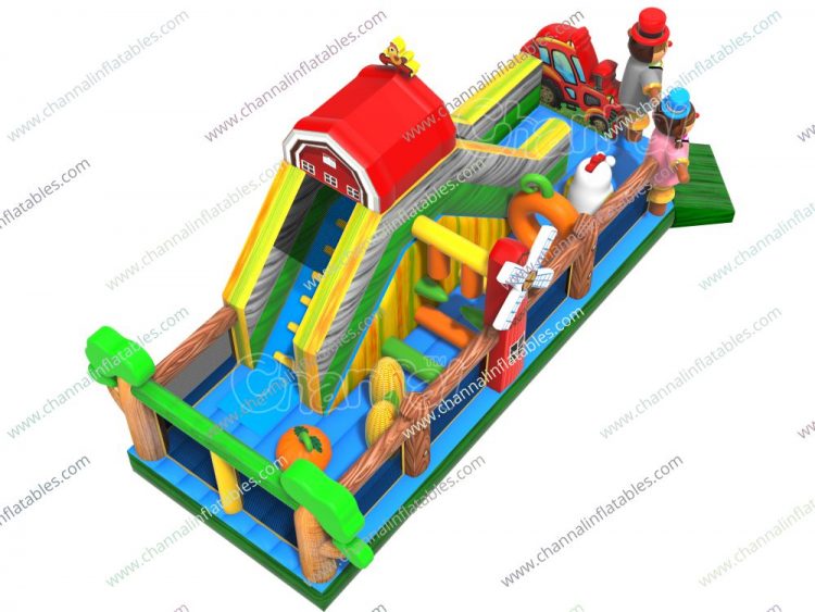 farm theme inflatable playground with obstacle course