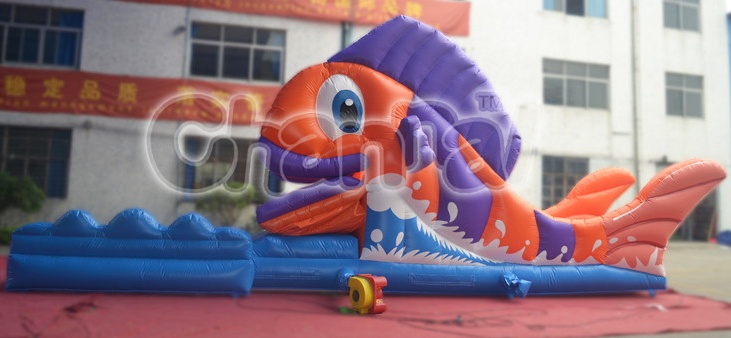 orange purple fish inflatable slide