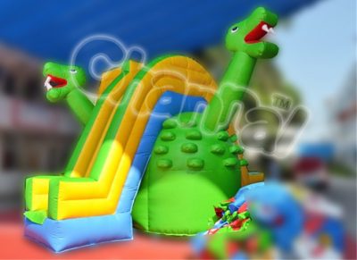 dual lanes green dinosaur inflatable slide