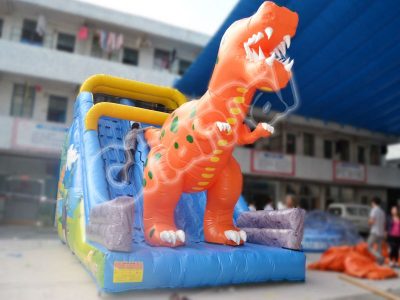 orange dinosaur inflatable slide