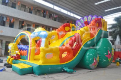 spongebob and peacock inflatable slide