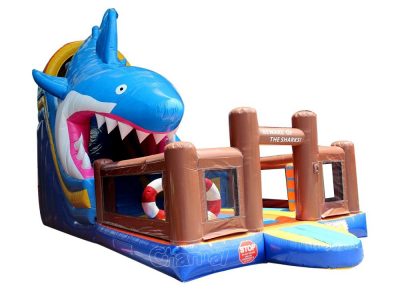 white shark attack theme inflatable slide with obstacles for kids