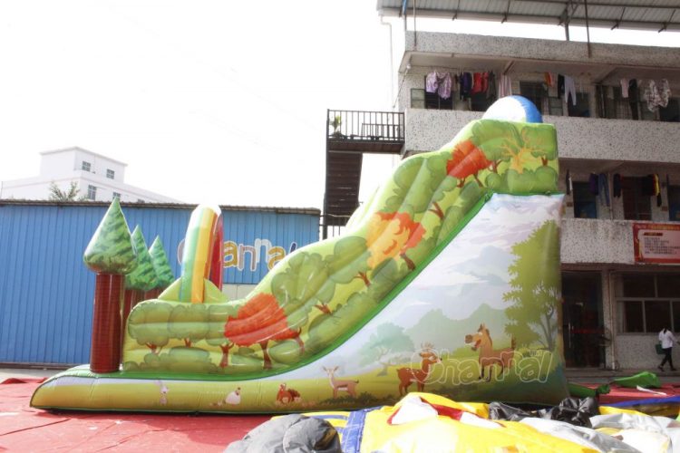 woods inflatable slide with forest animals printing