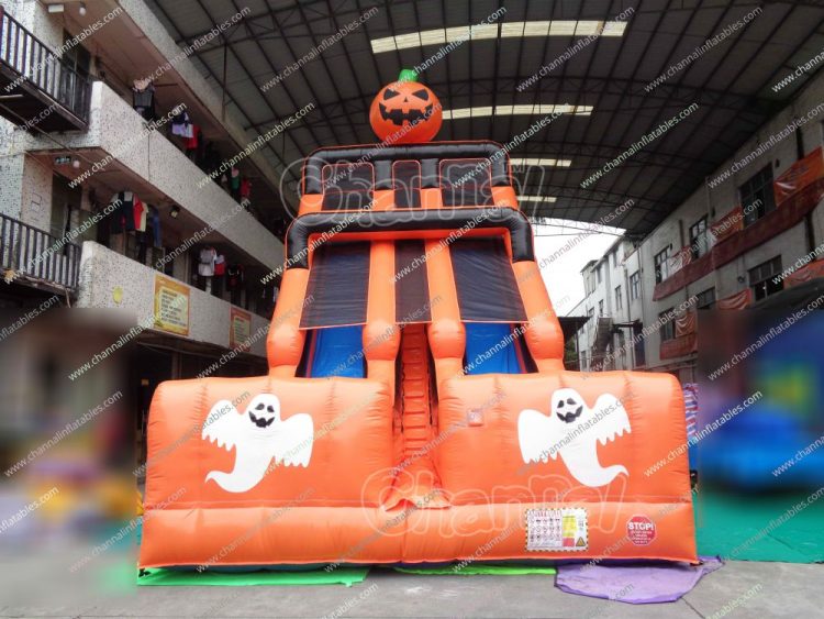 pumpkin and ghost double lane inflatable slide