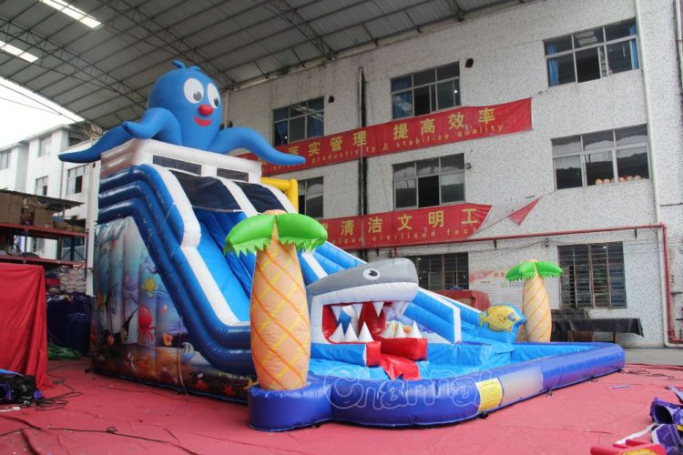 backyard inflatable water park with pool and slide