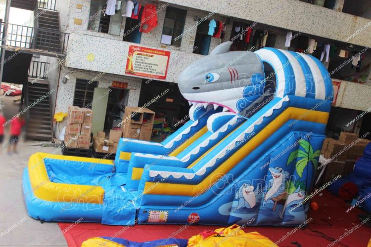 inflatable shark water slide with pool