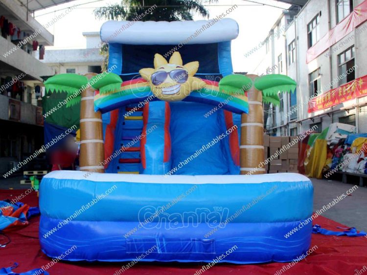beach water slide with smiley sun wearing sunglasses