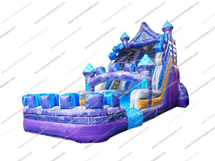 purple blue castle inflatable water slide
